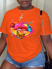 Orange Street Lips Printed Patchwork O Neck T-Shirts