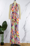 Colour Sexy Casual Print Backless V Neck Regular Jumpsuits