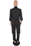 Black Casual Solid Patchwork Draw String Zipper Collar Regular Jumpsuits