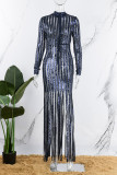 Blue Sexy Patchwork Tassel Sequins See-through Half A Turtleneck Long Sleeve Dresses