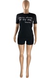 White Casual Letter Print Basic O Neck Short Sleeve Two Pieces
