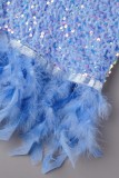 Blue Sexy Patchwork Sequins Backless Halter Sleeveless Dress Dresses
