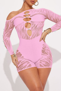Pink Sexy Solid Hollowed Out Patchwork See-through Pearl Oblique Collar Skinny Jumpsuits