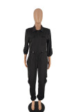 Black Casual Solid Patchwork Draw String Zipper Collar Regular Jumpsuits
