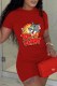 Red Casual Character Print Letter O Neck Short Sleeve Two Pieces
