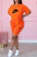 Orange Casual Print Letter O Neck Short Sleeve Two Pieces