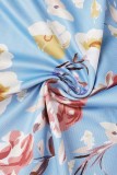 Blue Sexy Print Hollowed Out O Neck Long Sleeve Dresses
