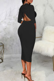 Black Sexy Solid Patchwork Draw String Backless Zipper Collar Pencil Skirt Dresses
