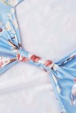 Blue Sexy Print Hollowed Out O Neck Long Sleeve Dresses