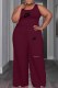 Burgundy Casual Print Ripped Letter U Neck Sleeveless Two Pieces