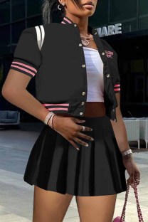 Black Sexy Print Letter Mandarin Collar Short Sleeve Two Pieces