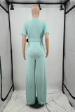 Green Casual Solid With Belt O Neck Boot Cut Jumpsuits