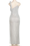 Silver Sexy Solid Backless Slit Oblique Collar Long Dress Dresses