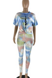 Colour Casual Print Tie Dye Patchwork O Neck Short Sleeve Two Pieces