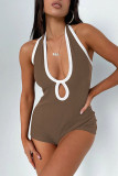 Brown Sexy Solid Hollowed Out Patchwork Backless Halter Skinny Rompers