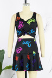 Black Sexy Casual Letter Print Basic V Neck Sleeveless Two Pieces