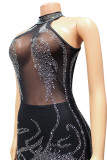 Black Sexy Solid Patchwork See-through Hot Drill O Neck Regular Rompers
