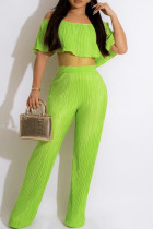 Fluorescent Green Casual Solid Patchwork Off the Shoulder Two Pieces