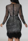 Apricot Sexy Patchwork Hot Drilling See-through Feathers O Neck Long Sleeve Dresses