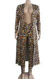 Leopard Print Casual Print Patchwork Cardigan Collar Long Sleeve Two Pieces