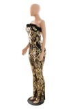 Gold Sexy Patchwork Sequins Backless Strapless Skinny Jumpsuits