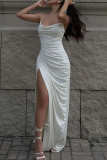 Blue Sexy Solid Patchwork Slit Fold Spaghetti Strap Sling Dress Dresses