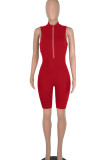 Red Casual Sportswear Solid Patchwork Zipper Collar Skinny Rompers