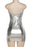 Silver Sexy Solid Backless Strapless Sleeveless Dress Dresses