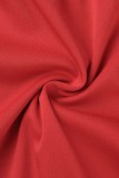 Red Casual Solid Patchwork Slit O Neck Short Sleeve Two Pieces