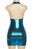 Blue Sexy Solid Hollowed Out Backless Halter Sleeveless Dress Dresses