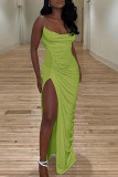 Blue Sexy Solid Patchwork Slit Fold Spaghetti Strap Sling Dress Dresses