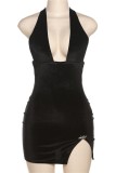 Black Sexy Solid Backless Slit Halter Sleeveless Dress Dresses
