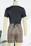 Black Casual Print Bandage O Neck Short Sleeve Two Pieces