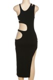 Black Sexy Solid Hollowed Out Slit V Neck Irregular Dress Dresses