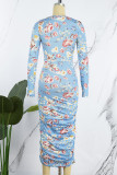 Blue Sexy Print Hollowed Out O Neck Long Sleeve Dresses