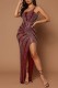 Burgundy Sexy Formal Patchwork Hot Drilling Backless Slit One Shoulder Evening Dress Dresses