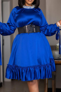 Royal Blue Casual Elegant Solid Bandage Patchwork Flounce Beading With Belt O Neck A Line Dresses