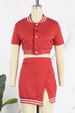 Red Casual Solid Patchwork Slit O Neck Short Sleeve Two Pieces