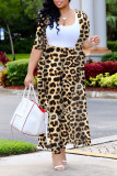 Leopard Print Casual Print Patchwork Cardigan Collar Long Sleeve Two Pieces
