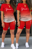 Red Casual Gradual Change Print Basic O Neck Short Sleeve Two Pieces