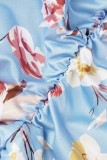 Blue Sexy Print Hollowed Out O Neck Long Sleeve Dresses