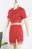Red Casual Solid Patchwork Slit O Neck Short Sleeve Two Pieces