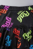 Black Sexy Casual Letter Print Basic V Neck Sleeveless Two Pieces
