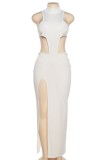 White Sexy Solid Hollowed Out Patchwork Slit Turtleneck Long Dress Dresses