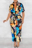 Blue Casual Print Patchwork Turndown Collar Regular Jumpsuits