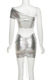 Silver Sexy Solid Hollowed Out Backless Oblique Collar Sleeveless Two Pieces