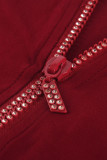 Burgundy Casual Sportswear Solid Patchwork Zipper Collar Skinny Rompers