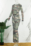 Camouflage Sexy Street Print Camouflage Print Patchwork See-through O Neck Long Sleeve Two Pieces