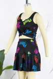 Black Sexy Casual Letter Print Basic V Neck Sleeveless Two Pieces