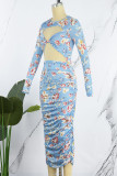Blue Sexy Print Hollowed Out O Neck Long Sleeve Dresses